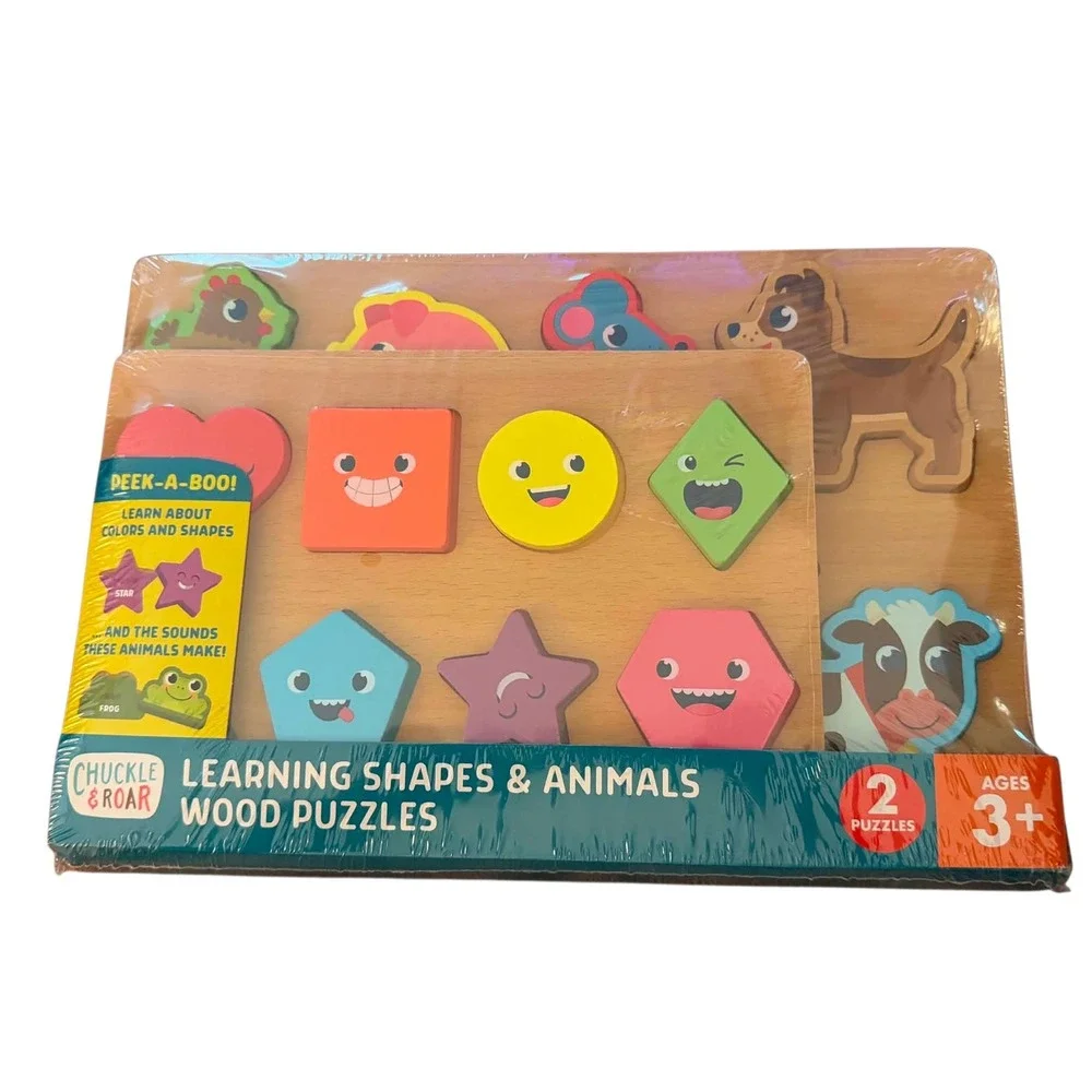 Chuckle & Roar Learning Shapes & Animals Wood Puzzles 2pk Toddler Toy NEW